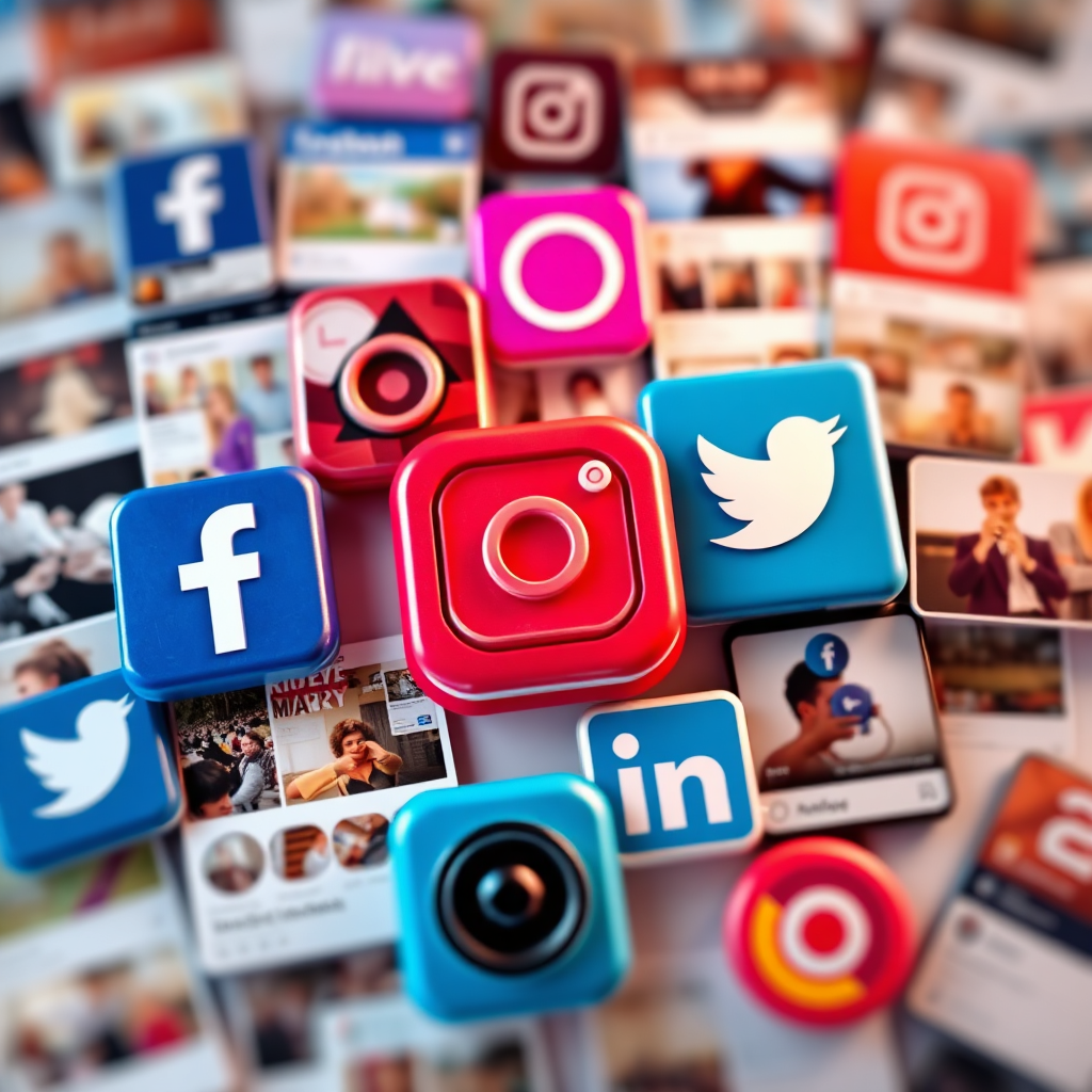 A photorealistic image depicting a collage of various social media platforms, including Facebook, Instagram, Twitter, and LinkedIn. Each platform displays engaging content, such as images, videos, and text posts. The collage is arranged in a visually appealing manner, showcasing the diversity of social media channels. The lighting is bright and vibrant, reflecting the energy and dynamism of social media. The color palette is diverse and colorful, representing the different brands and communities present on each platform. Style reference: A modern social media marketing campaign aesthetic, emphasizing visual appeal and engagement.
