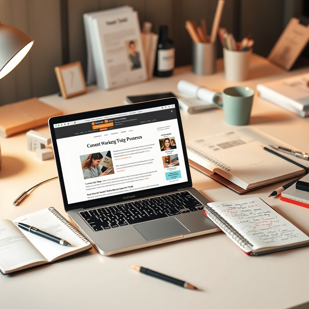 A photorealistic image depicting a creative workspace with a laptop, a notebook, and various writing and design tools. The laptop displays a blog post with engaging visuals and well-written text. The notebook is filled with brainstorming notes and ideas. The lighting is warm and inviting, creating a sense of creativity and inspiration. The color palette is soft and muted, emphasizing the focus on content creation. Style reference: A modern content marketing studio aesthetic, emphasizing creativity, collaboration, and storytelling.