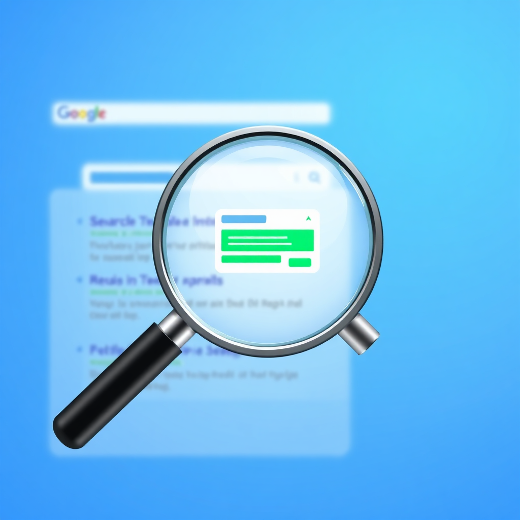 A stylized image depicting a magnifying glass hovering over a search engine results page (SERP). The magnifying glass highlights a website ranking at the top of the search results. The SERP includes various elements, such as organic listings, paid advertisements, and featured snippets. The lighting is bright and clear, emphasizing the importance of visibility in search engines. The color palette is primarily blue and white, with accents of green and yellow to highlight the top-ranking website. Style reference: Clean and modern graphic design, emphasizing the concept of search engine optimization.